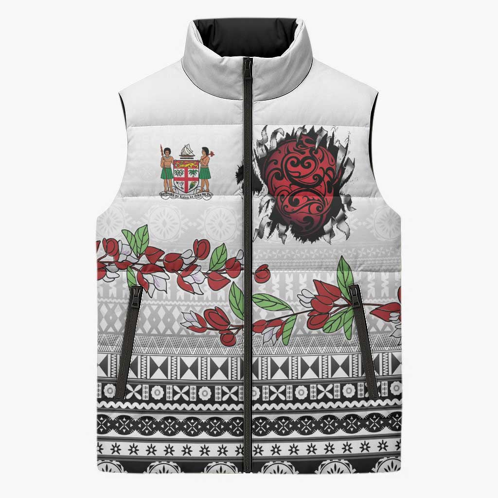 Fiji Heart Tribal Personalised Sleeveless Puffer Jacket Polynesian Patterns LT9 Unisex White - Polynesian Pride
