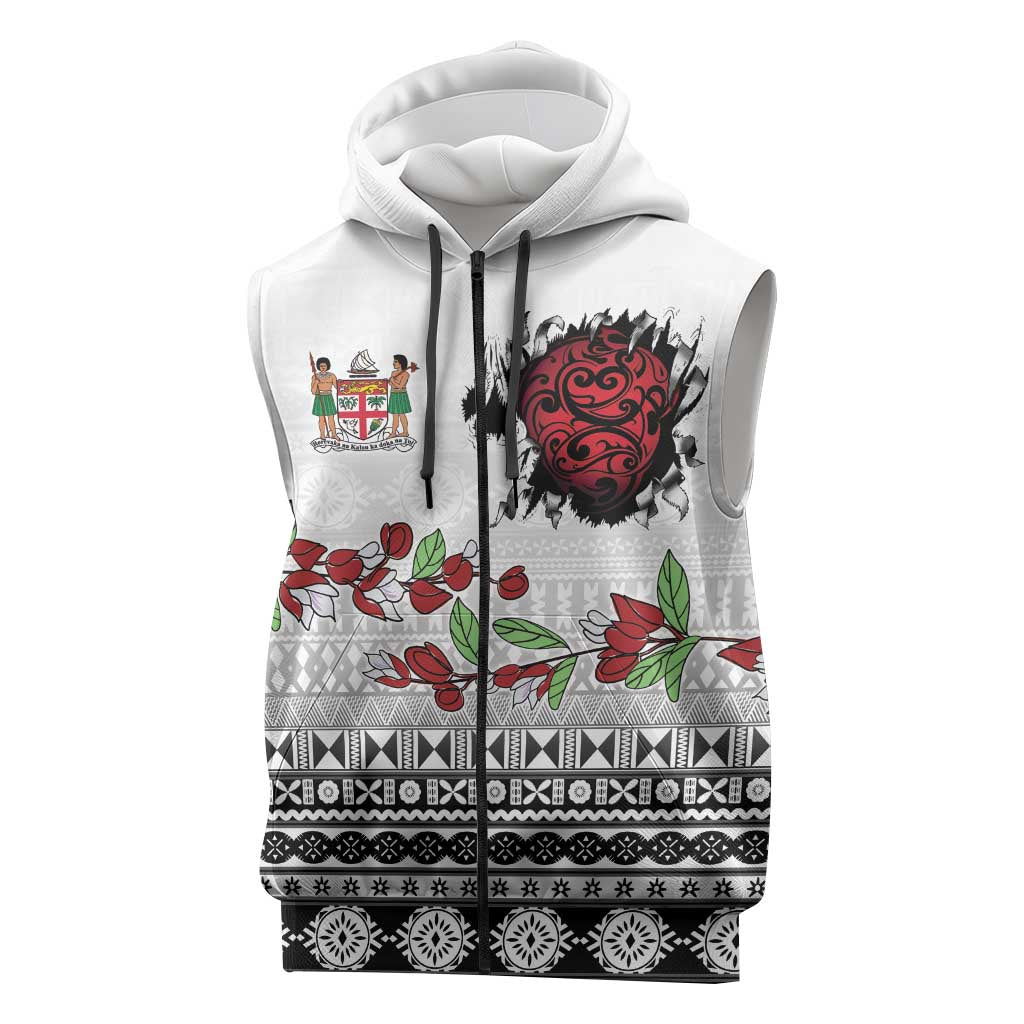 Fiji Heart Tribal Personalised Sleeveless Zip Hoodie Polynesian Patterns LT9 White - Polynesian Pride