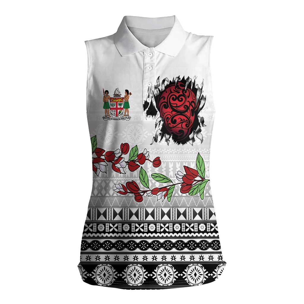 Fiji Heart Tribal Personalised Women Sleeveless Polo Shirt Polynesian Patterns LT9 Female White - Polynesian Pride