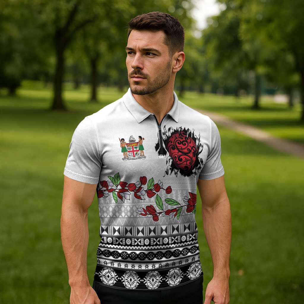 Fiji Heart Tribal Personalised Zipper Polo Shirt Polynesian Patterns LT9 - Polynesian Pride