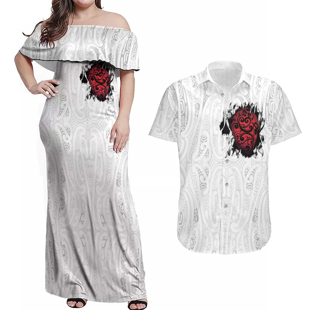 New Zealand Maori Heart Tribal Personalised Couples Matching Off Shoulder Maxi Dress and Hawaiian Shirt Polynesian Patterns