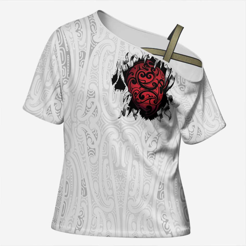 New Zealand Maori Heart Tribal Personalised Cross Shoulder Shirt Polynesian Patterns LT9 Female White - Polynesian Pride