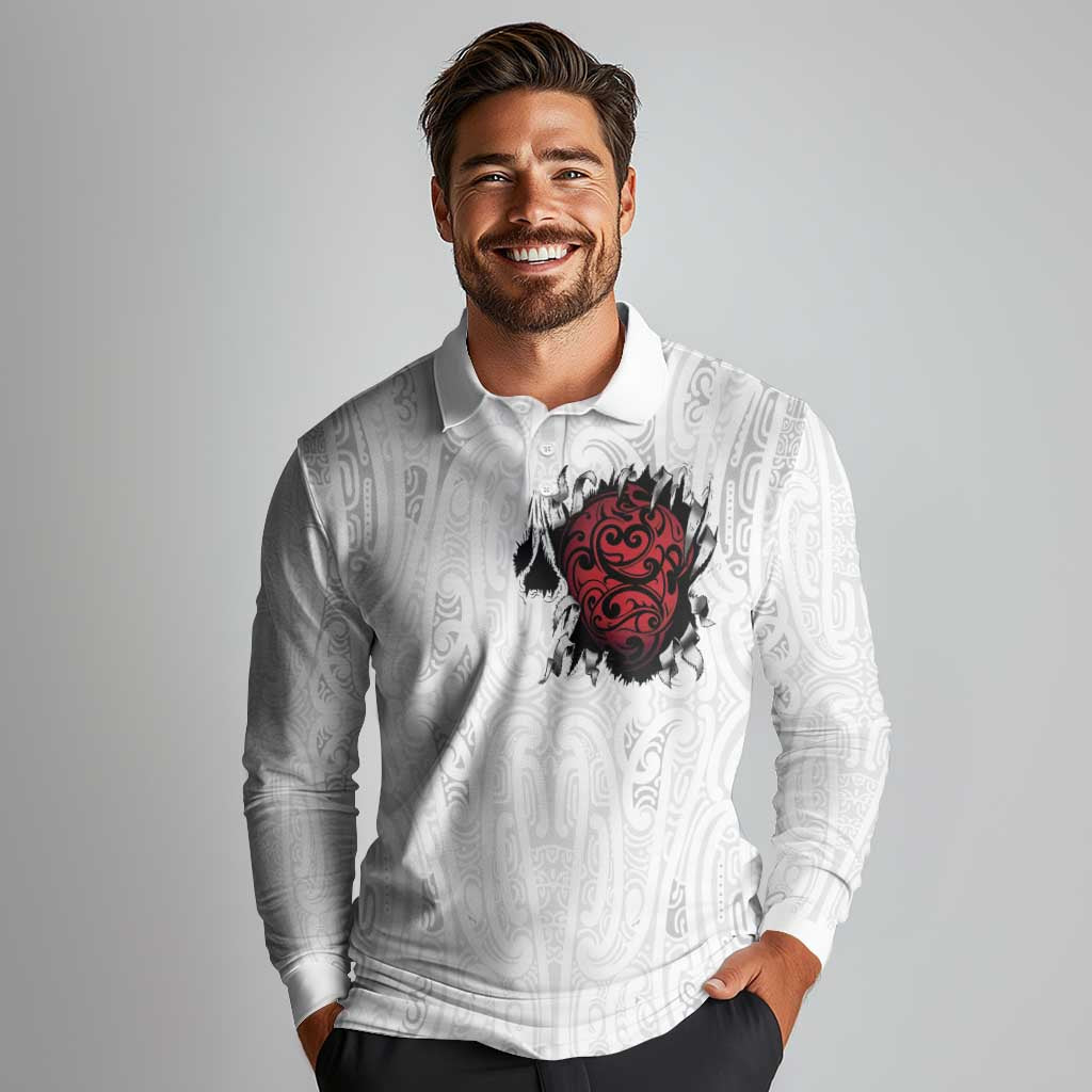New Zealand Maori Heart Tribal Personalised Long Sleeve Polo Shirt Polynesian Patterns LT9 - Polynesian Pride