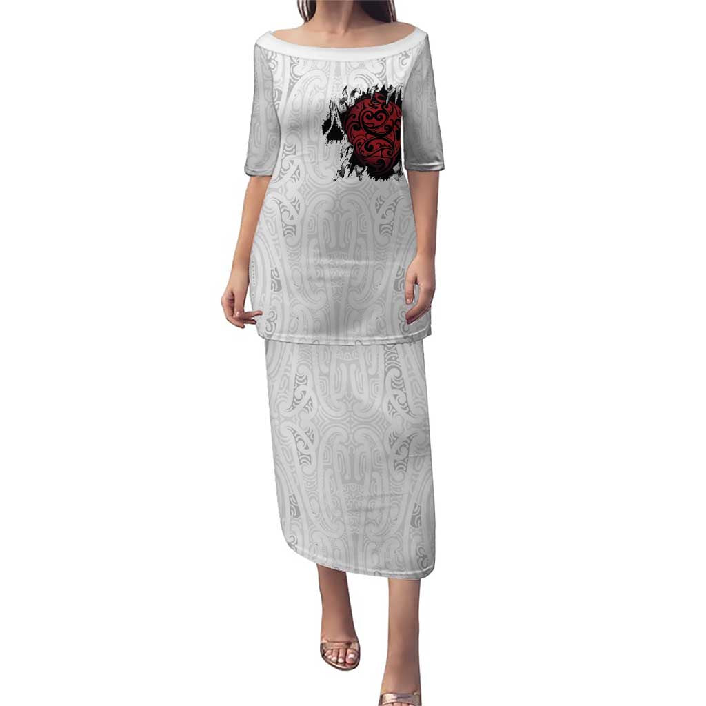 New Zealand Maori Heart Tribal Personalised Puletasi Polynesian Patterns LT9 Long Dress White - Polynesian Pride