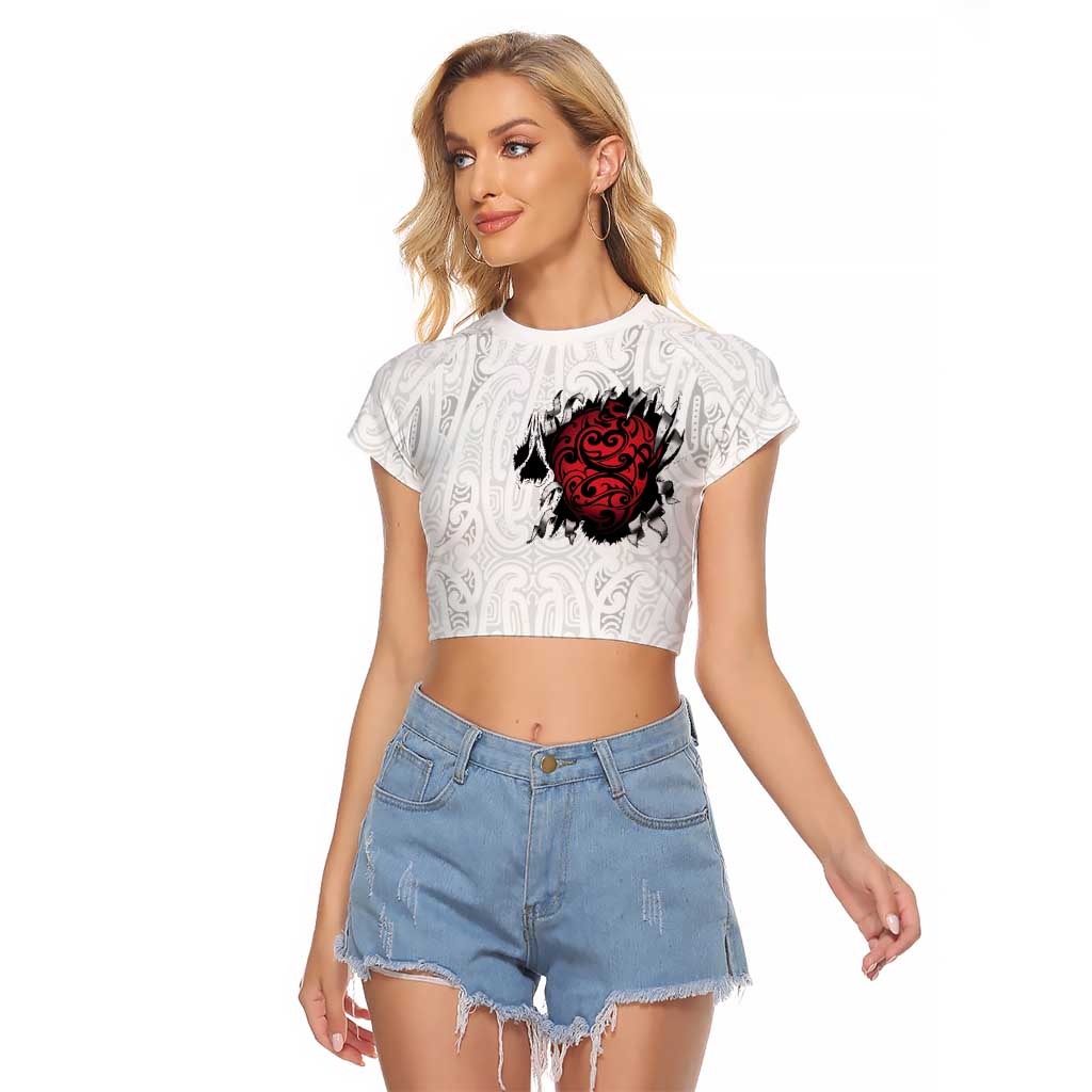 New Zealand Maori Heart Tribal Personalised Raglan Cropped T Shirt Polynesian Patterns LT9 Female White - Polynesian Pride