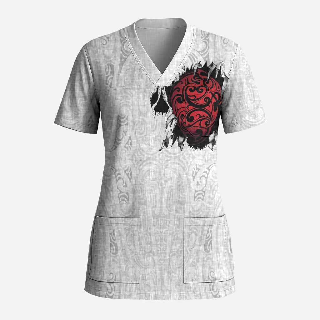 New Zealand Maori Heart Tribal Personalised Scrub Top Polynesian Patterns LT9 Adult White - Polynesian Pride
