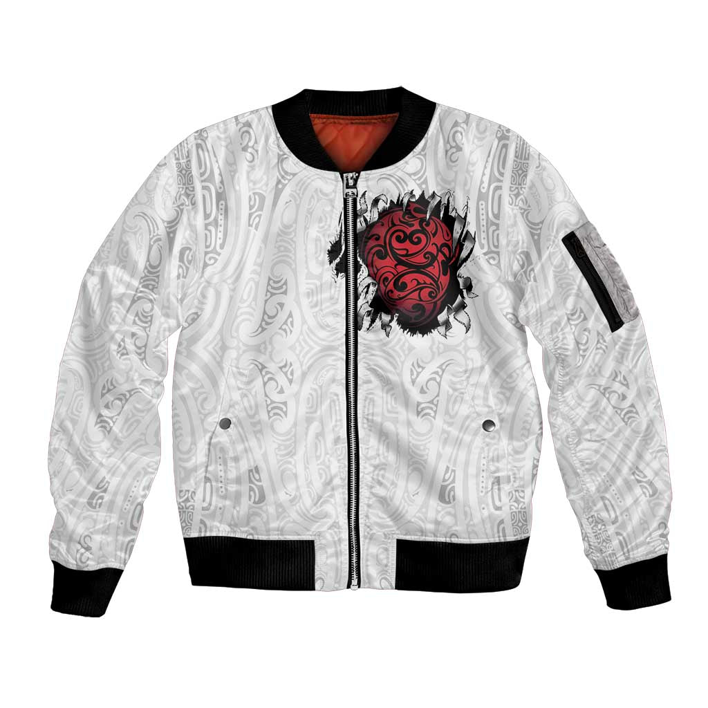 New Zealand Maori Heart Tribal Personalised Sleeve Zip Bomber Jacket Polynesian Patterns LT9 Unisex White - Polynesian Pride
