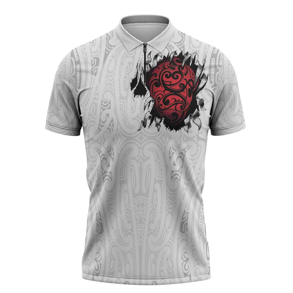 New Zealand Maori Heart Tribal Personalised Zipper Polo Shirt Polynesian Patterns LT9 White - Polynesian Pride