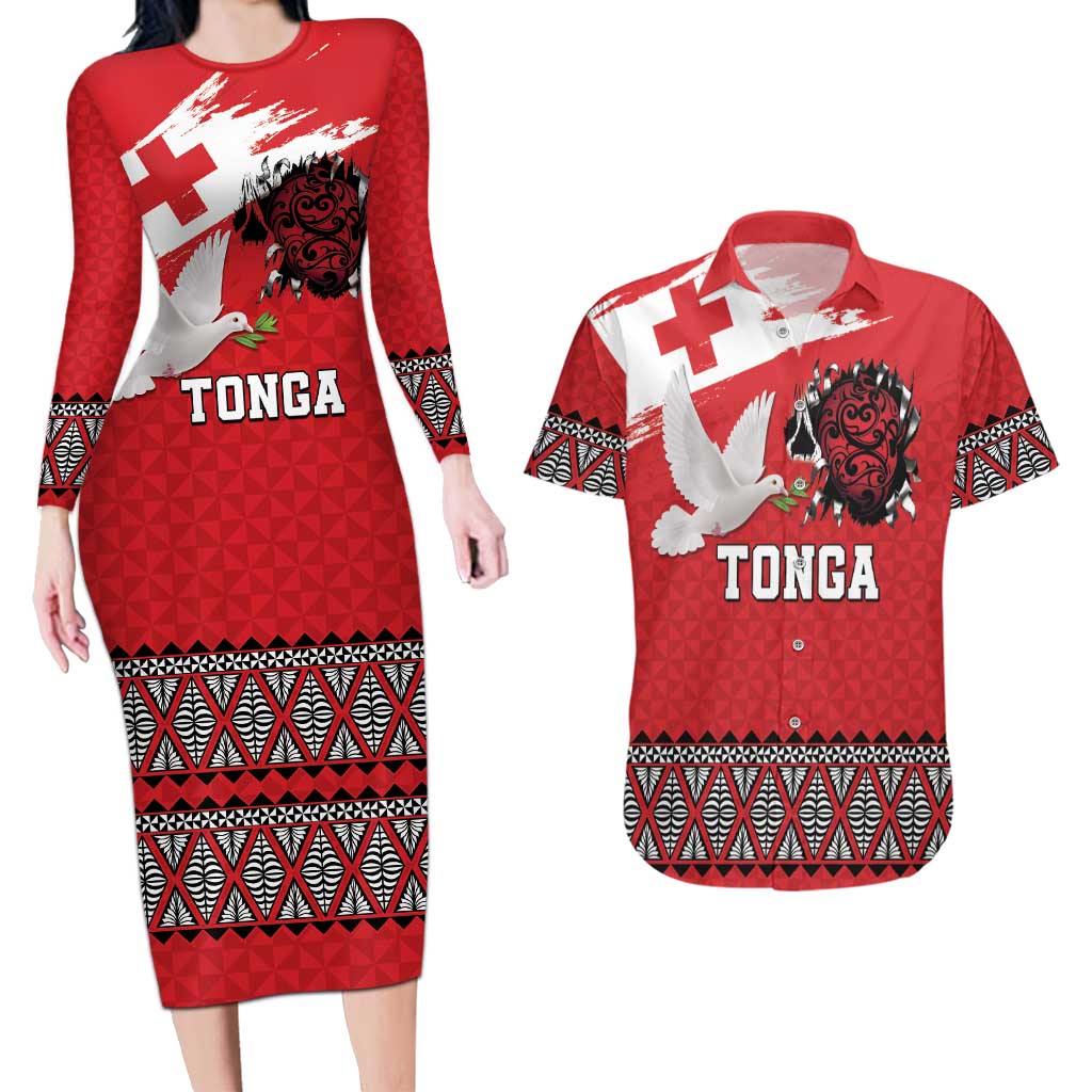 Tonga Heart Tribal Personalised Couples Matching Long Sleeve Bodycon Dress and Hawaiian Shirt Polynesian Patterns