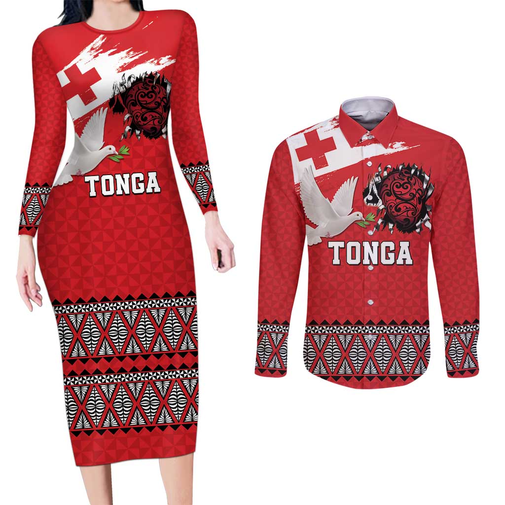 Tonga Heart Tribal Personalised Couples Matching Long Sleeve Bodycon Dress and Long Sleeve Button Shirt Polynesian Patterns LT9 Red - Polynesian Pride