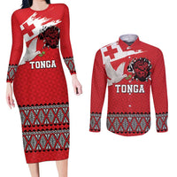 Tonga Heart Tribal Personalised Couples Matching Long Sleeve Bodycon Dress and Long Sleeve Button Shirt Polynesian Patterns LT9 Red - Polynesian Pride