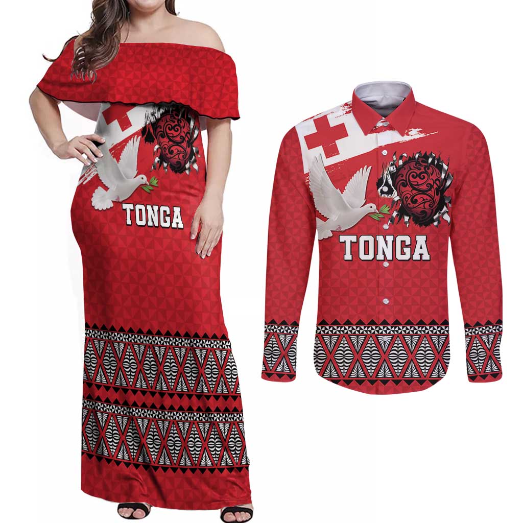 Tonga Heart Tribal Personalised Couples Matching Off Shoulder Maxi Dress and Long Sleeve Button Shirt Polynesian Patterns LT9 Red - Polynesian Pride