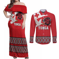 Tonga Heart Tribal Personalised Couples Matching Off Shoulder Maxi Dress and Long Sleeve Button Shirt Polynesian Patterns LT9 Red - Polynesian Pride