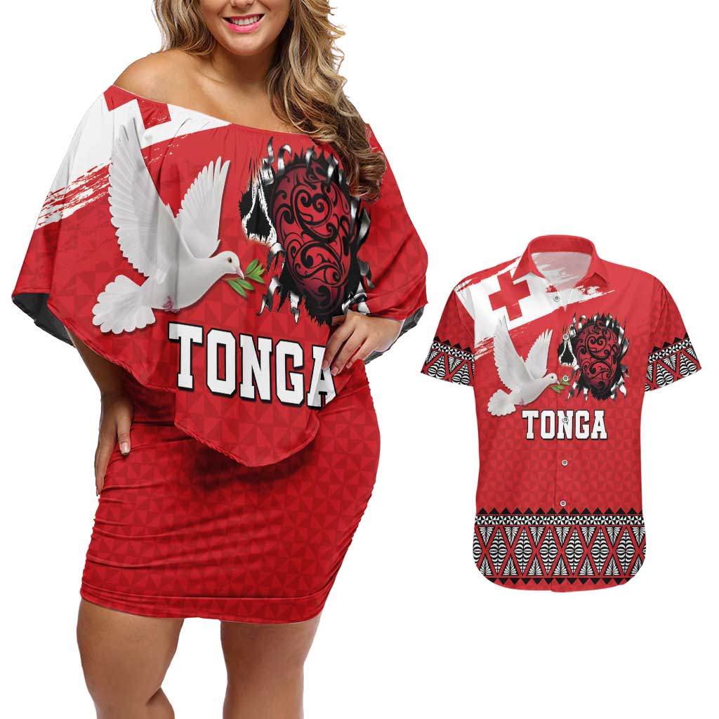 Tonga Heart Tribal Personalised Couples Matching Off Shoulder Short Dress and Hawaiian Shirt Polynesian Patterns LT9 Red - Polynesian Pride