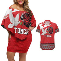 Tonga Heart Tribal Personalised Couples Matching Off Shoulder Short Dress and Hawaiian Shirt Polynesian Patterns LT9 Red - Polynesian Pride