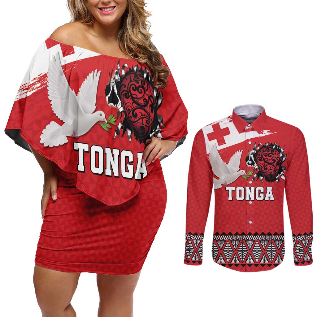 Tonga Heart Tribal Personalised Couples Matching Off Shoulder Short Dress and Long Sleeve Button Shirt Polynesian Patterns LT9 Red - Polynesian Pride