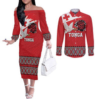 Tonga Heart Tribal Personalised Couples Matching Off The Shoulder Long Sleeve Dress and Long Sleeve Button Shirt Polynesian Patterns LT9 Red - Polynesian Pride