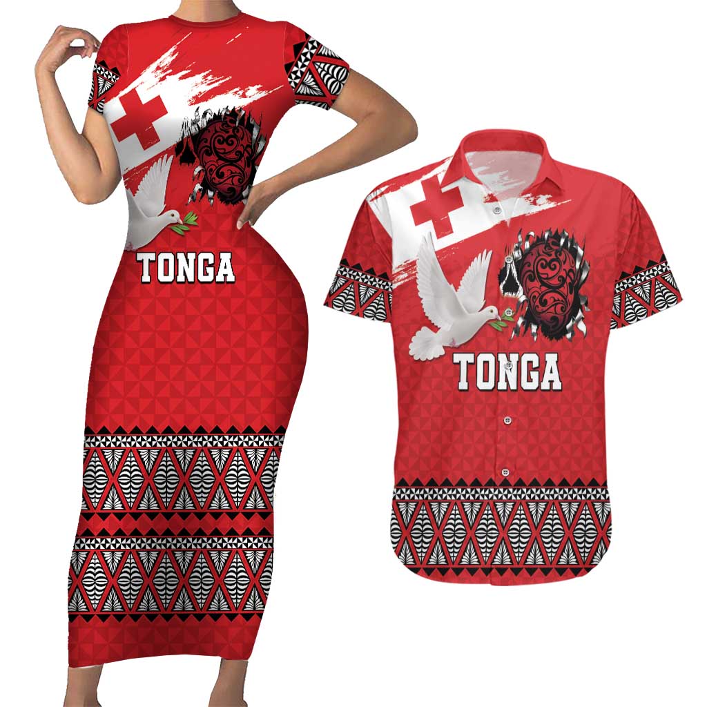 Tonga Heart Tribal Personalised Couples Matching Short Sleeve Bodycon Dress and Hawaiian Shirt Polynesian Patterns LT9 Red - Polynesian Pride