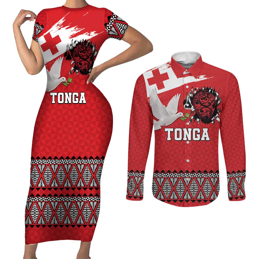 Tonga Heart Tribal Personalised Couples Matching Short Sleeve Bodycon Dress and Long Sleeve Button Shirt Polynesian Patterns LT9 Red - Polynesian Pride