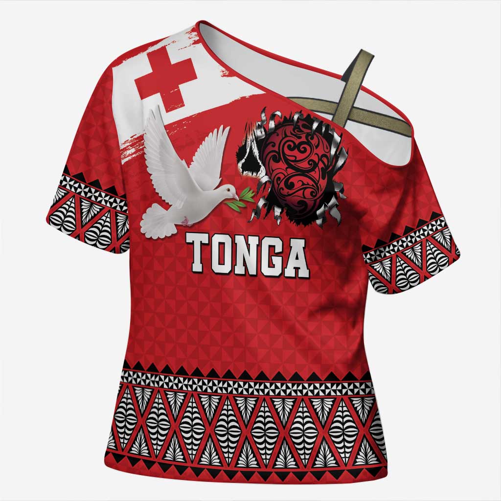 Tonga Heart Tribal Personalised Cross Shoulder Shirt Polynesian Patterns LT9 Female Red - Polynesian Pride