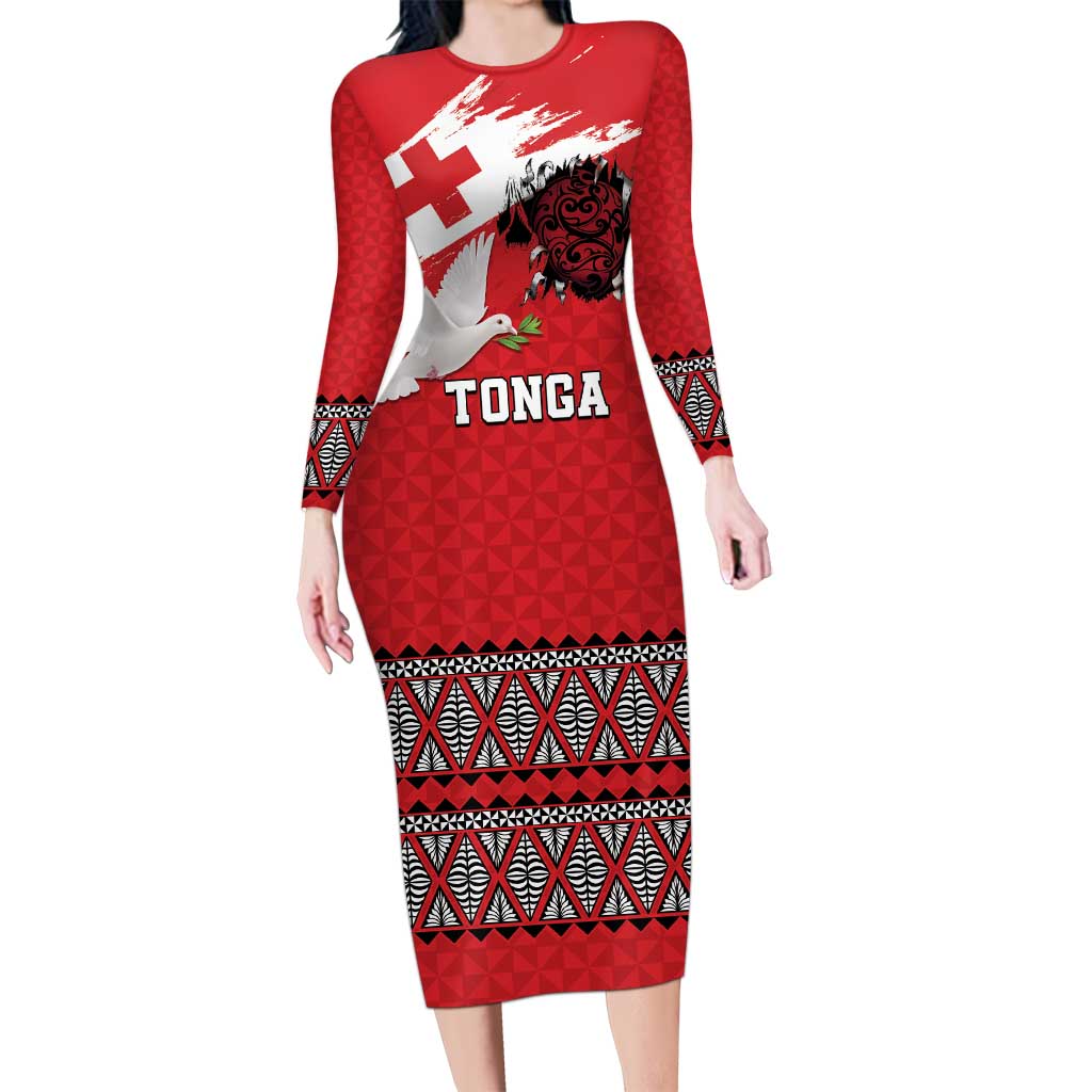 Tonga Heart Tribal Personalised Long Sleeve Bodycon Dress Polynesian Patterns LT9 Long Dress Red - Polynesian Pride