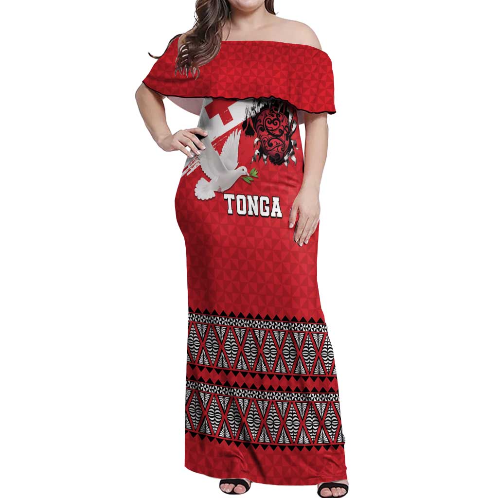 Tonga Heart Tribal Personalised Off Shoulder Maxi Dress Polynesian Patterns LT9 Women Red - Polynesian Pride