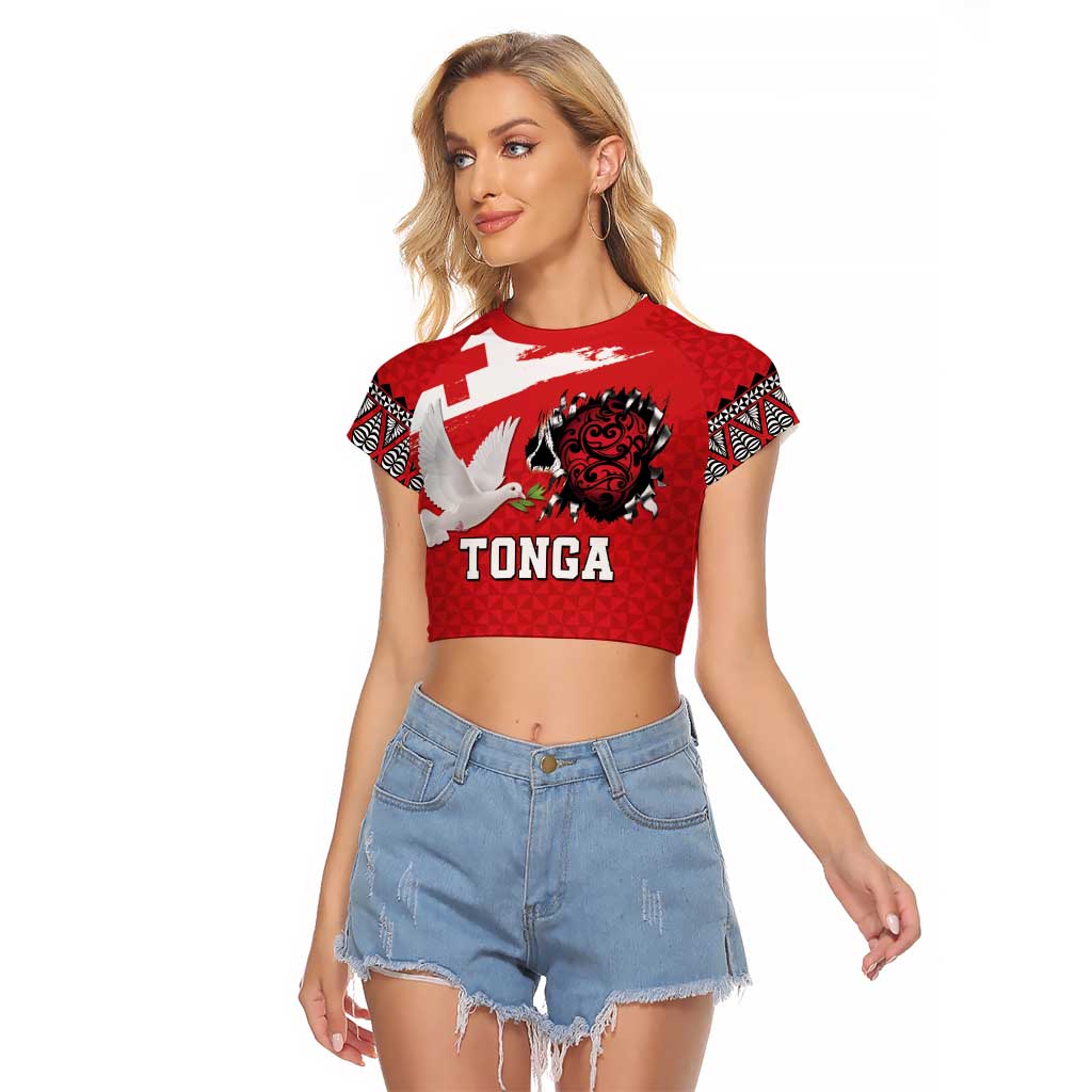 Tonga Heart Tribal Personalised Raglan Cropped T Shirt Polynesian Patterns LT9 Female Red - Polynesian Pride