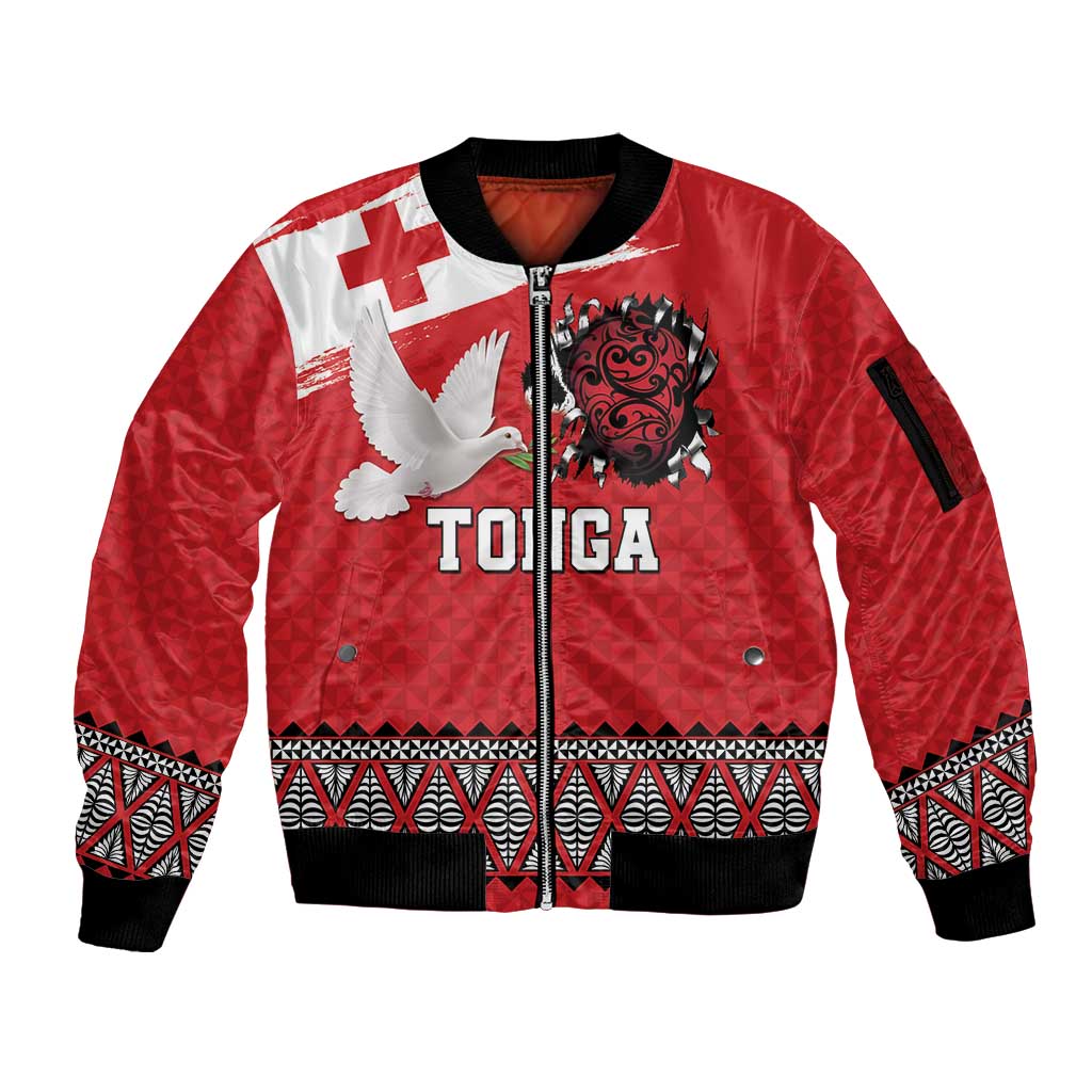 Tonga Heart Tribal Personalised Sleeve Zip Bomber Jacket Polynesian Patterns LT9 Unisex Red - Polynesian Pride