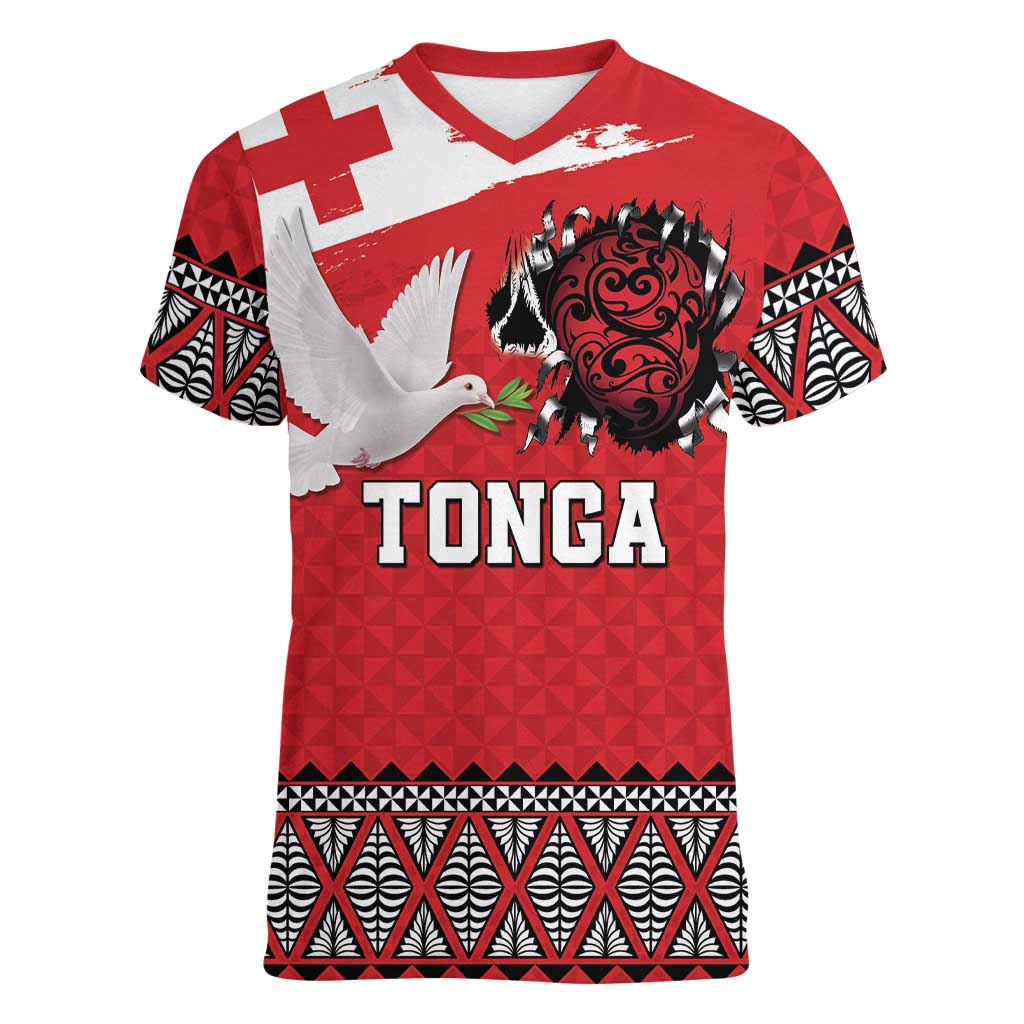 Tonga Heart Tribal Personalised Women V-Neck T-Shirt Polynesian Patterns LT9 Female Red - Polynesian Pride