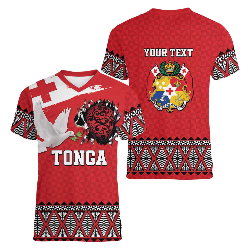 Tonga Heart Tribal Personalised Women V-Neck T-Shirt Polynesian Patterns LT9 - Polynesian Pride