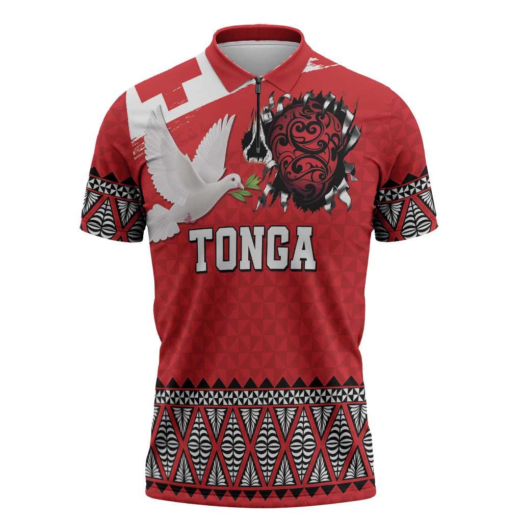 Tonga Heart Tribal Personalised Zipper Polo Shirt Polynesian Patterns LT9 Red - Polynesian Pride