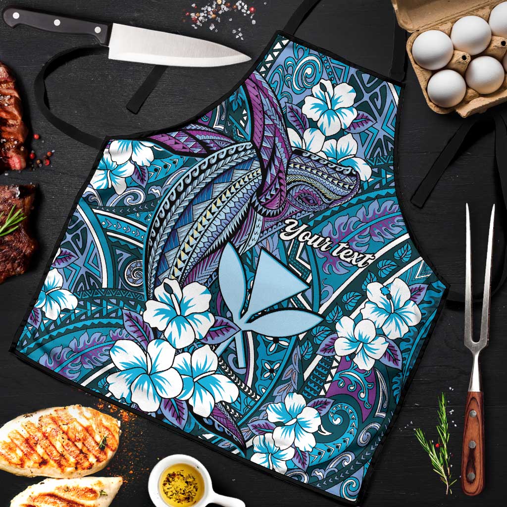 Personalised Hawaii Tribal Humpback Whale Apron Polu Hibiscus Seamless Pattern LT9 Blue - Polynesian Pride