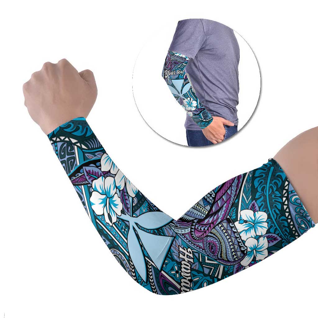 Personalised Hawaii Tribal Humpback Whale Arm Sleeves Polu Hibiscus Seamless Pattern