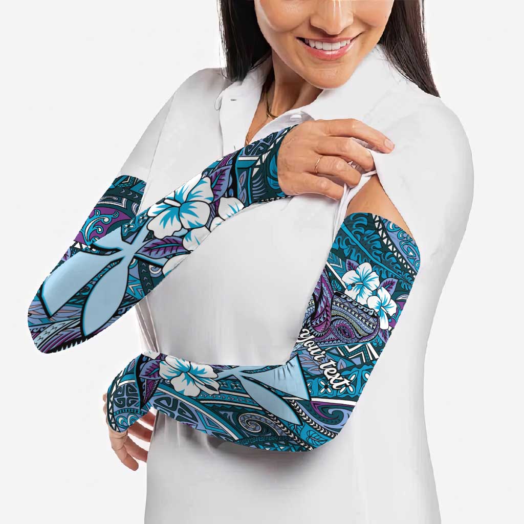 Personalised Hawaii Tribal Humpback Whale Arm Sleeves Polu Hibiscus Seamless Pattern