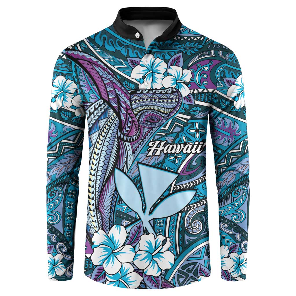 Personalised Hawaii Tribal Humpback Whale Button Sweatshirt Polu Hibiscus Seamless Pattern LT9 Blue - Polynesian Pride