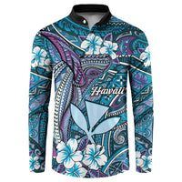 Personalised Hawaii Tribal Humpback Whale Button Sweatshirt Polu Hibiscus Seamless Pattern LT9 Blue - Polynesian Pride