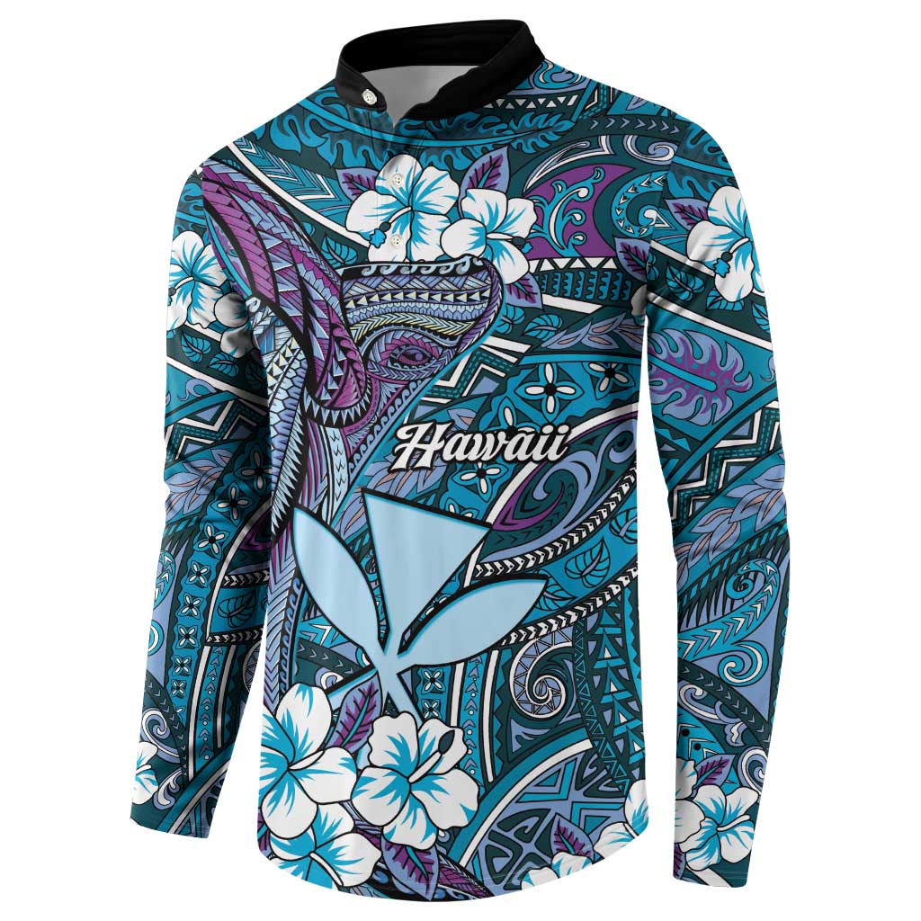 Personalised Hawaii Tribal Humpback Whale Button Sweatshirt Polu Hibiscus Seamless Pattern LT9 - Polynesian Pride