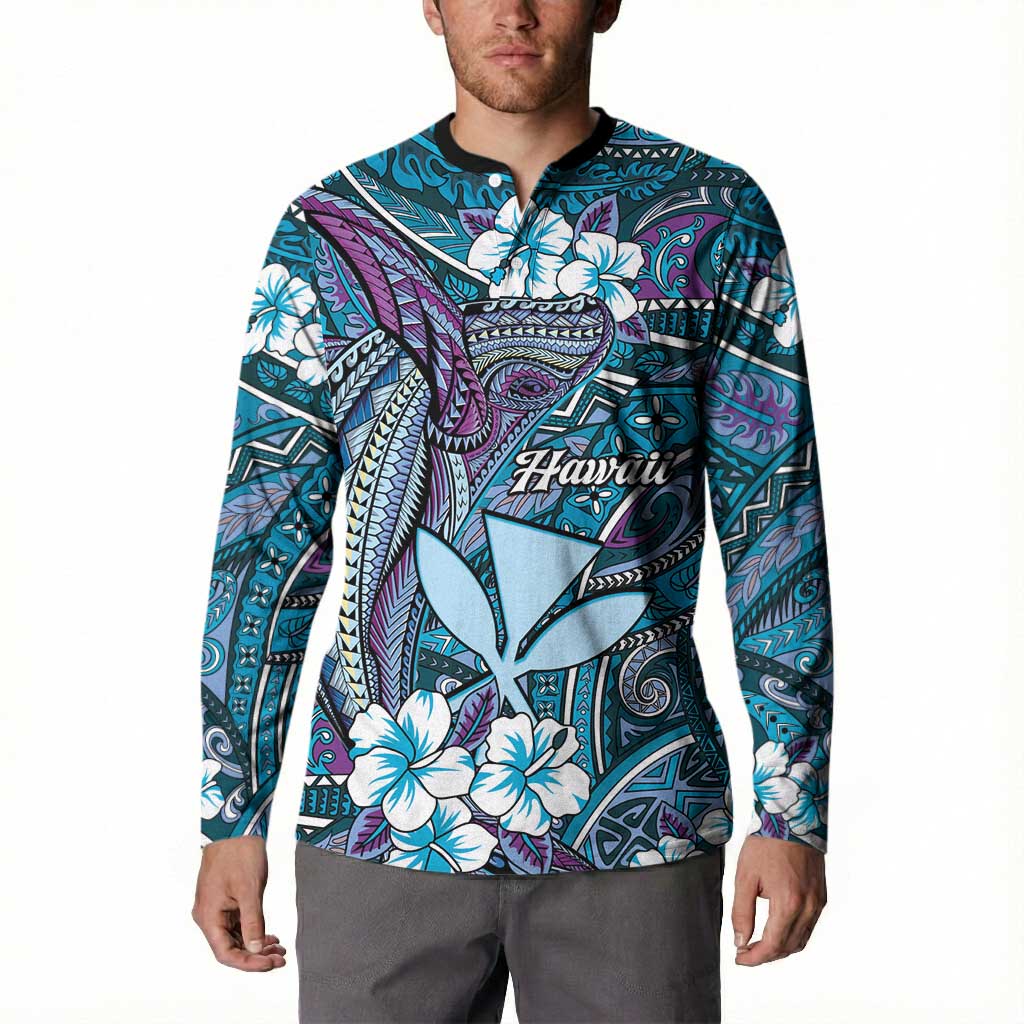 Personalised Hawaii Tribal Humpback Whale Button Sweatshirt Polu Hibiscus Seamless Pattern LT9 - Polynesian Pride