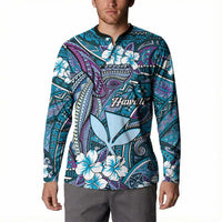 Personalised Hawaii Tribal Humpback Whale Button Sweatshirt Polu Hibiscus Seamless Pattern LT9 - Polynesian Pride