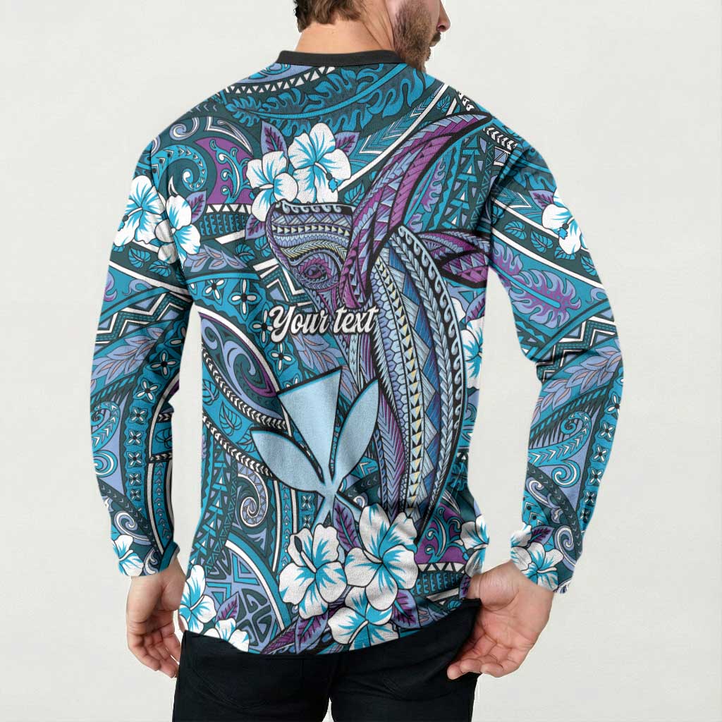 Personalised Hawaii Tribal Humpback Whale Button Sweatshirt Polu Hibiscus Seamless Pattern LT9 - Polynesian Pride