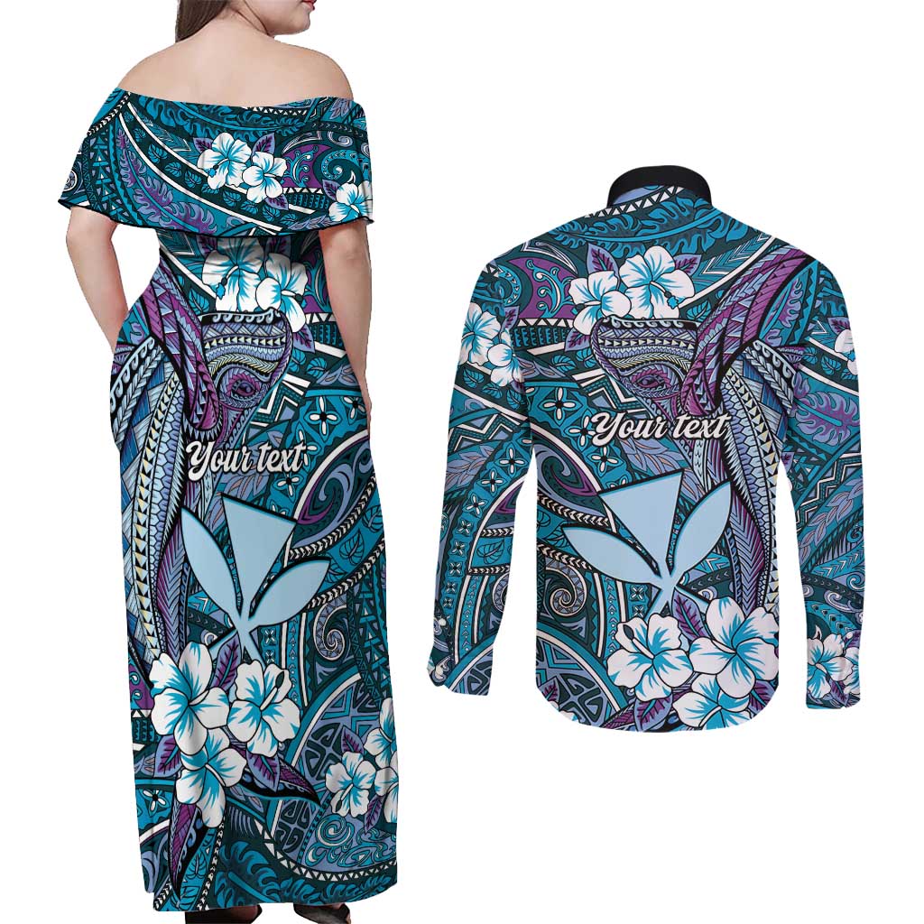 Personalised Hawaii Tribal Humpback Whale Couples Matching Off Shoulder Maxi Dress and Long Sleeve Button Shirt Polu Hibiscus Seamless Pattern LT9 - Polynesian Pride