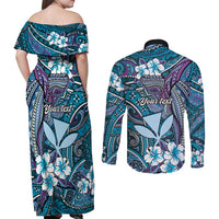 Personalised Hawaii Tribal Humpback Whale Couples Matching Off Shoulder Maxi Dress and Long Sleeve Button Shirt Polu Hibiscus Seamless Pattern LT9 - Polynesian Pride