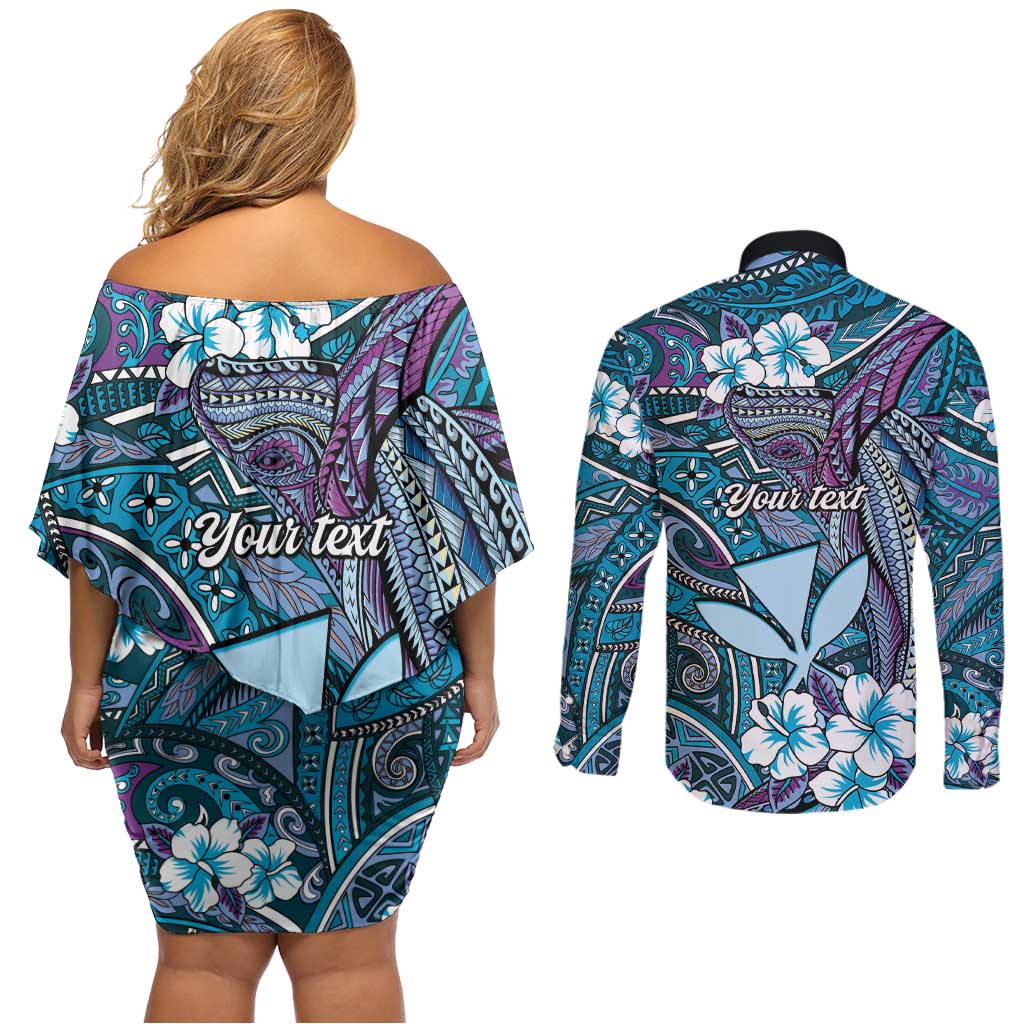 Personalised Hawaii Tribal Humpback Whale Couples Matching Off Shoulder Short Dress and Long Sleeve Button Shirt Polu Hibiscus Seamless Pattern LT9 - Polynesian Pride