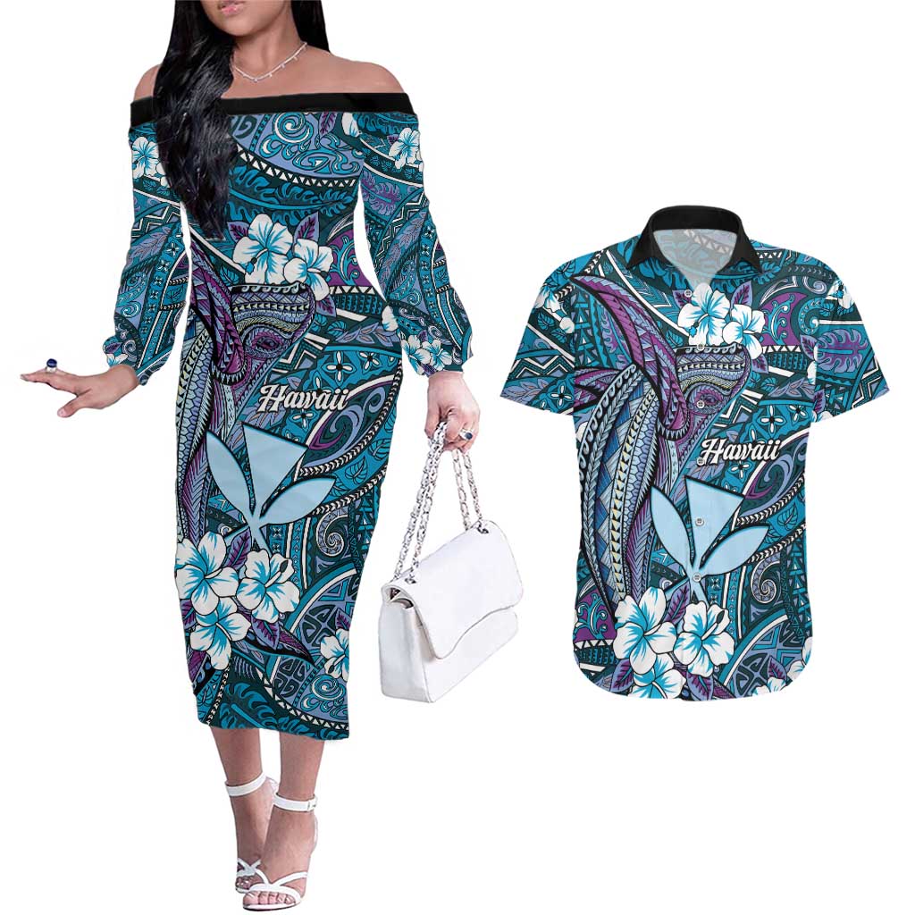 Personalised Hawaii Tribal Humpback Whale Couples Matching Off The Shoulder Long Sleeve Dress and Hawaiian Shirt Polu Hibiscus Seamless Pattern