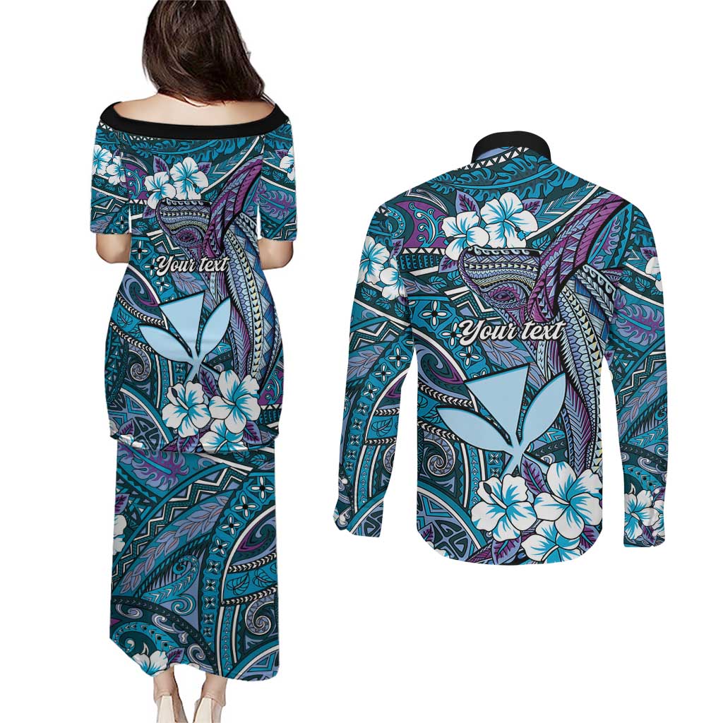 Personalised Hawaii Tribal Humpback Whale Couples Matching Puletasi and Long Sleeve Button Shirt Polu Hibiscus Seamless Pattern LT9 - Polynesian Pride