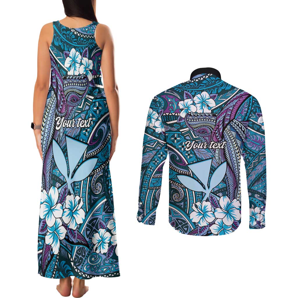 Personalised Hawaii Tribal Humpback Whale Couples Matching Tank Maxi Dress and Long Sleeve Button Shirt Polu Hibiscus Seamless Pattern LT9 - Polynesian Pride