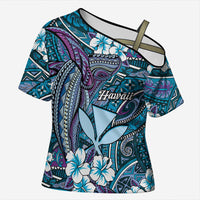 Personalised Hawaii Tribal Humpback Whale Cross Shoulder Shirt Polu Hibiscus Seamless Pattern