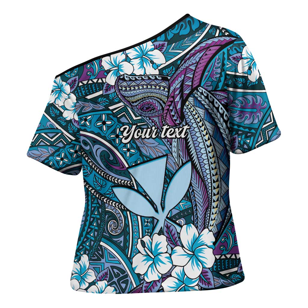 Personalised Hawaii Tribal Humpback Whale Cross Shoulder Shirt Polu Hibiscus Seamless Pattern