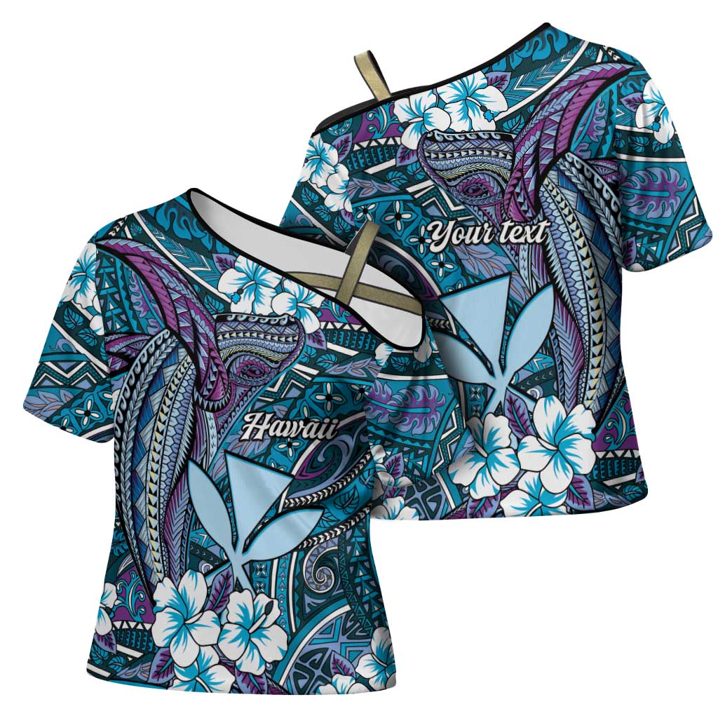 Personalised Hawaii Tribal Humpback Whale Cross Shoulder Shirt Polu Hibiscus Seamless Pattern