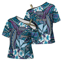 Personalised Hawaii Tribal Humpback Whale Cross Shoulder Shirt Polu Hibiscus Seamless Pattern